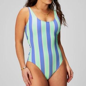 Fabletics Blue and Green One-Piece Swimsuit with Stripes